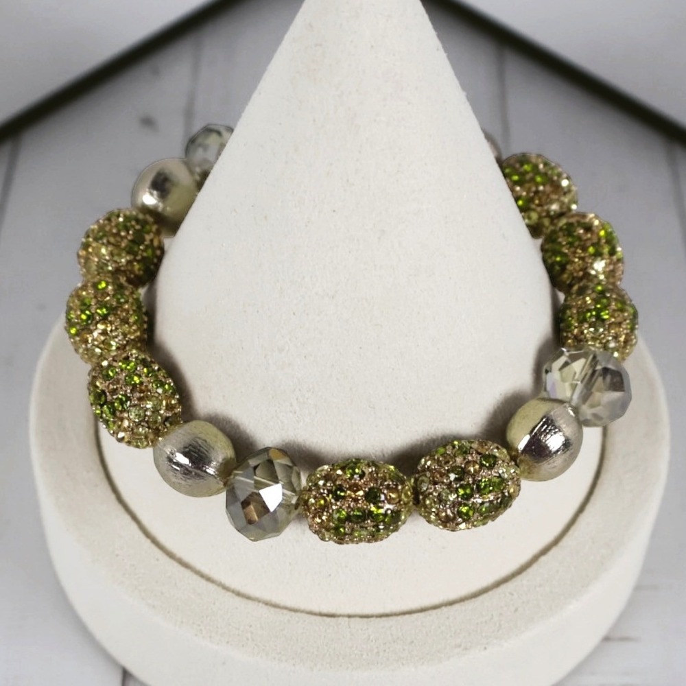 Chicos NWT Estella Green Crystal Pave Disco Bead Gold Stretch Bracelet